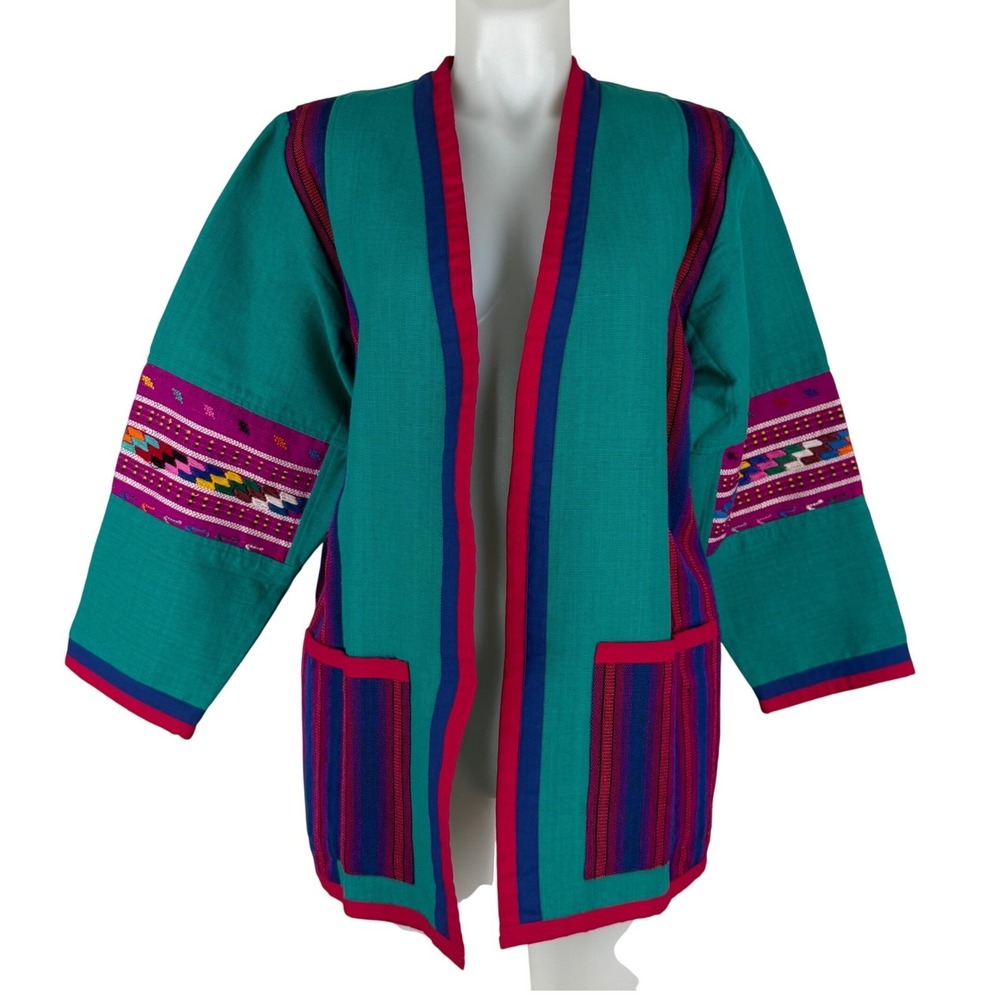 VTG Guatemalan Jacket Hand Woven 100% Cotton Open Front Big Jaguar Womens Medium